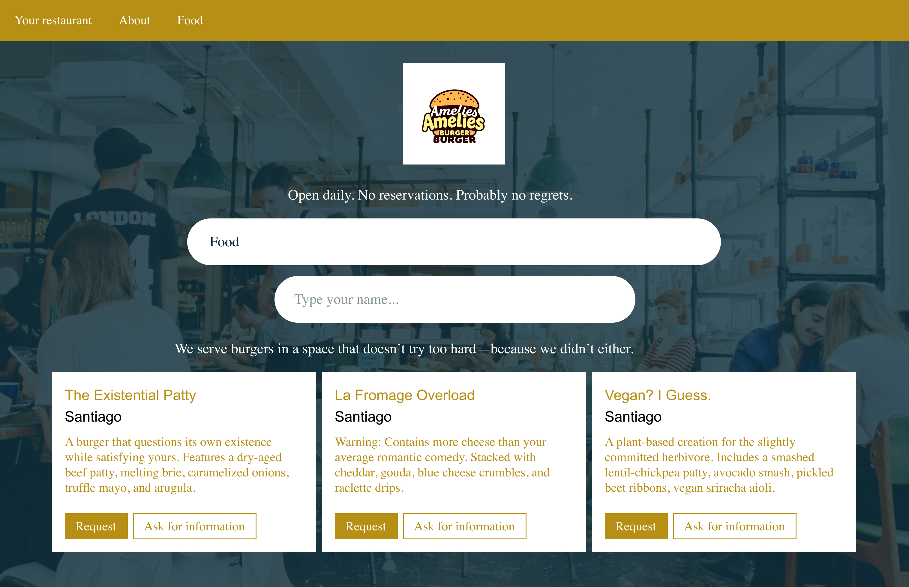 Amelie's Burger before website redesign